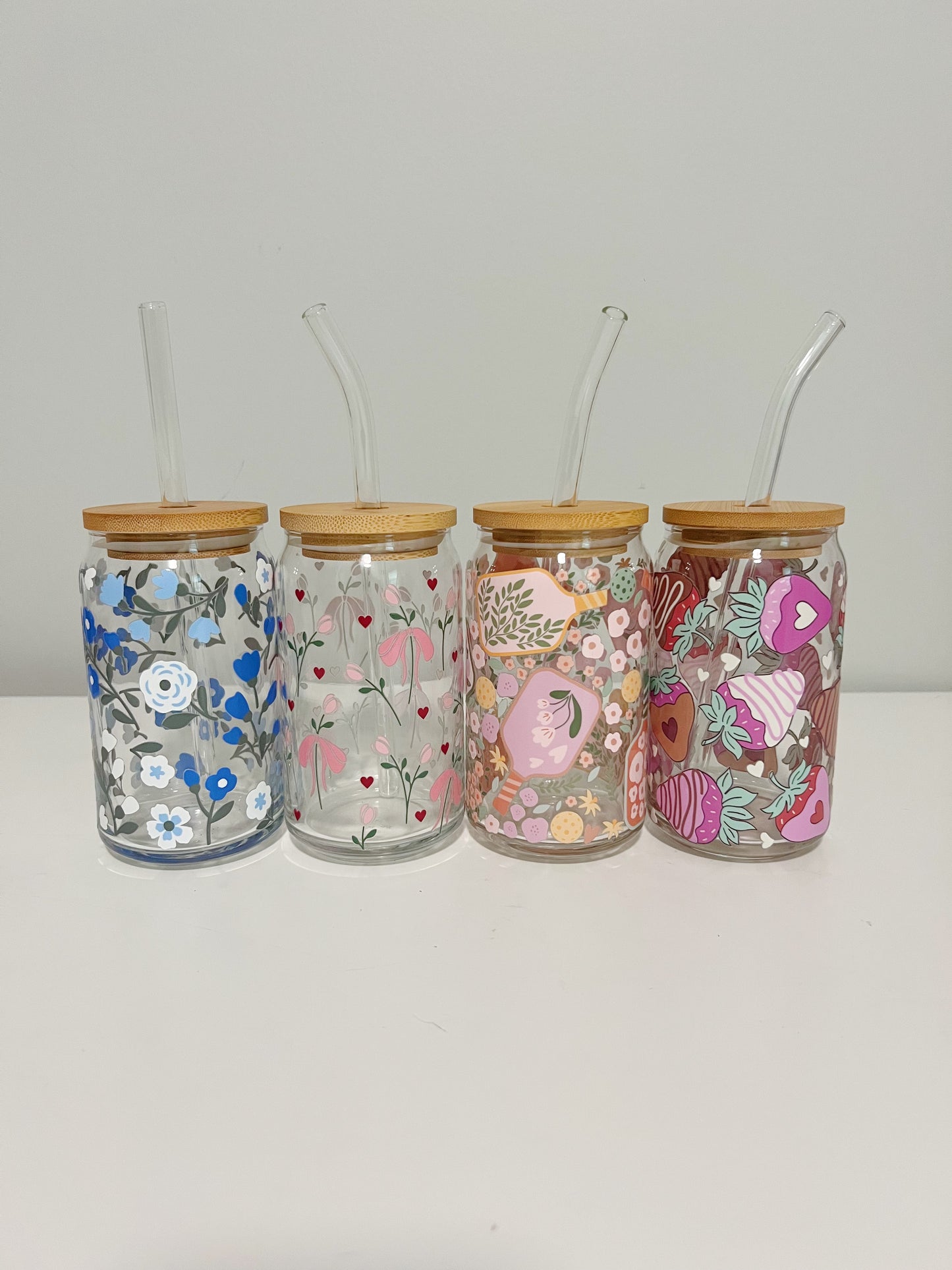 16oz Blue Floral Glass Can Cup