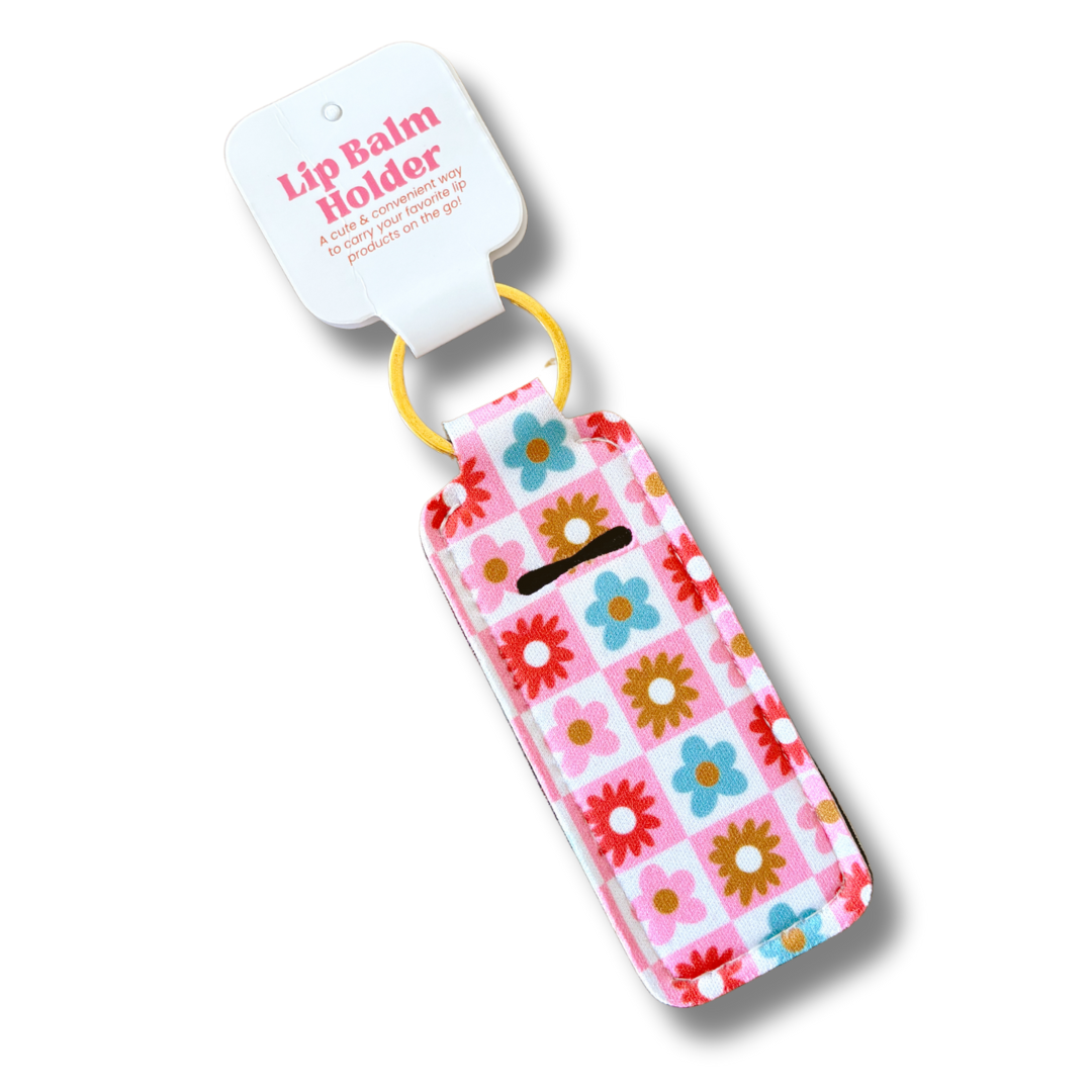 Checkered Floral Lip Balm Keychain Holder